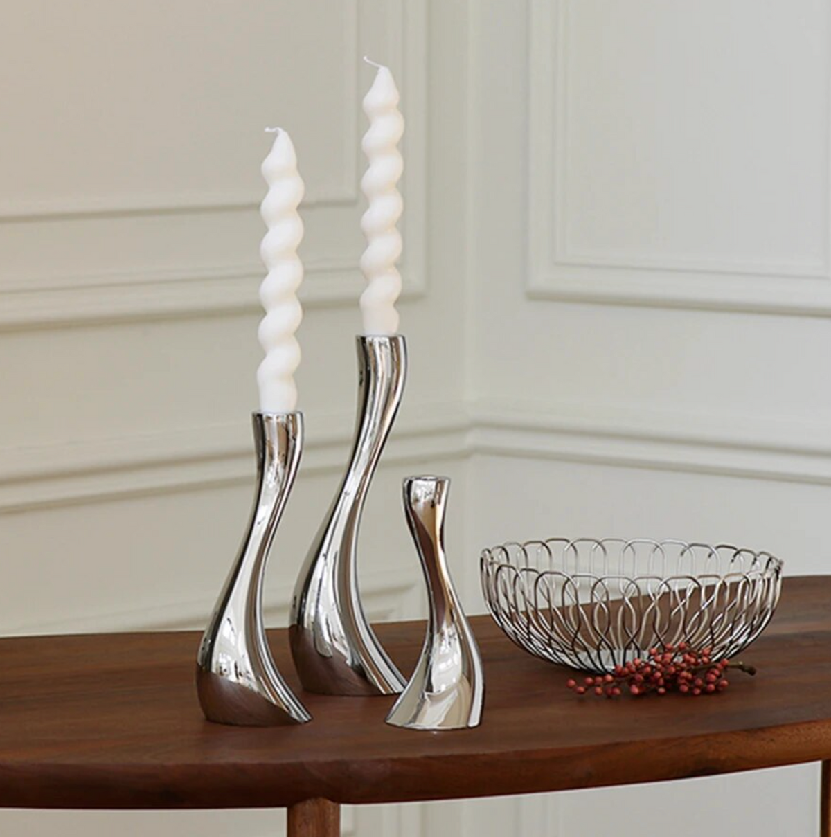 Chrome Stainless Steel Candle Holders with Elegant Wave Design