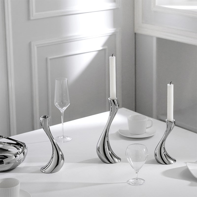 Chrome Stainless Steel Candle Holders with Elegant Wave Design