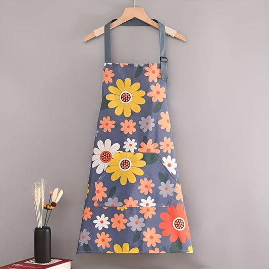 Coated Cotton Kitchen Apron with Vintage Floral Print and Adjustable Neck Strap
