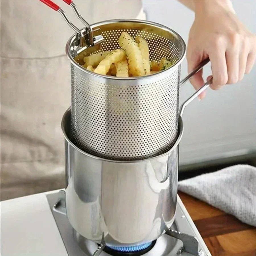 Compact 304 Stainless Steel Stovetop Fryer with Drain Basket and Ergonomic Handle