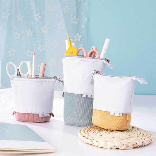 Convertible Pop-Up Pencil Case with Desk Stand and Corduroy Design