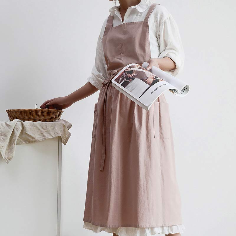 Cotton Cross-Back Kitchen Apron with Two Deep Front Pockets