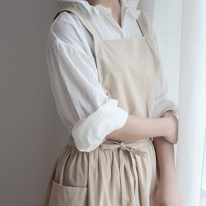 Cotton Cross-Back Kitchen Apron with Two Deep Front Pockets