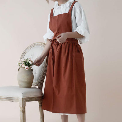 Cotton Cross-Back Kitchen Apron with Two Deep Front Pockets