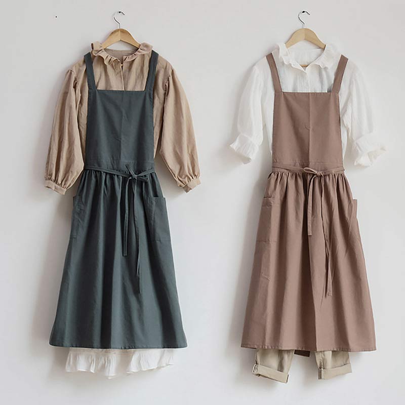 Cotton Cross-Back Kitchen Apron with Two Deep Front Pockets