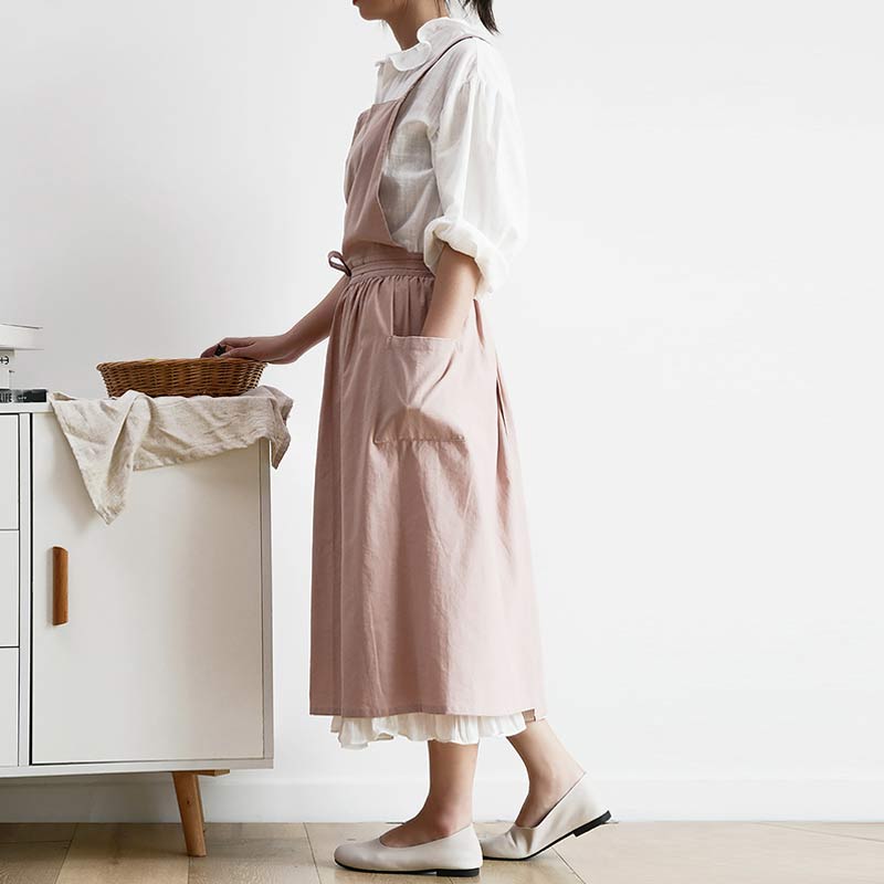 Cotton Cross-Back Kitchen Apron with Two Deep Front Pockets