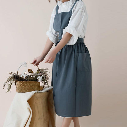 Cotton Cross-Back Kitchen Apron with Two Deep Front Pockets