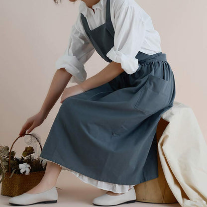 Cotton Cross-Back Kitchen Apron with Two Deep Front Pockets