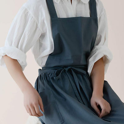Cotton Cross-Back Kitchen Apron with Two Deep Front Pockets