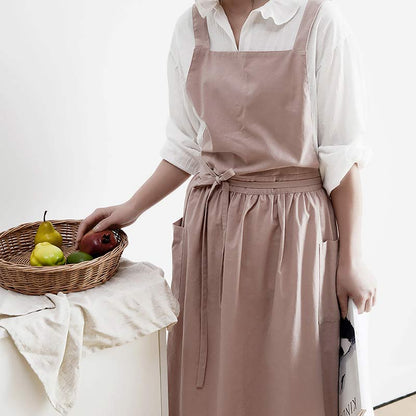 Cotton Cross-Back Kitchen Apron with Two Deep Front Pockets