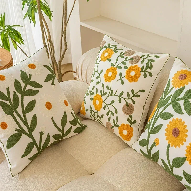 Cotton Cushion Cover with Embroidered Floral Details