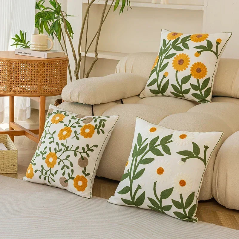 Cotton Cushion Cover with Embroidered Floral Details