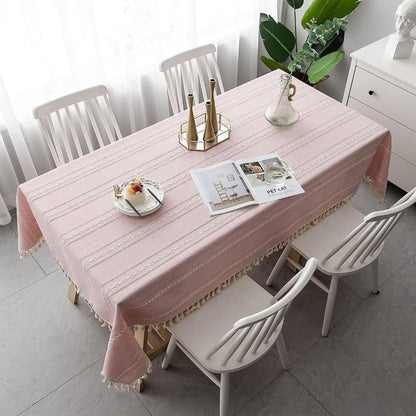 Cotton Linen Tablecloth with Striped Detail and Fringed Edges