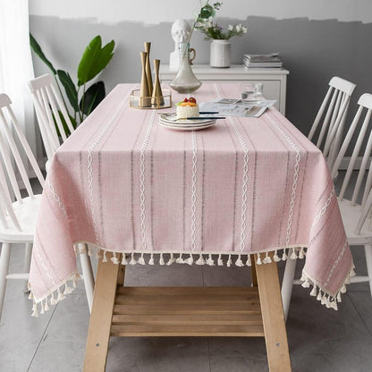 Cotton Linen Tablecloth with Striped Detail and Fringed Edges