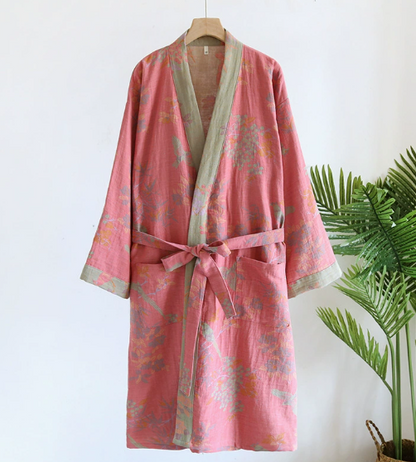 Cotton Waffle Bathrobe – Lightweight Breathable Robe with Jacquard Pattern and Side Pockets