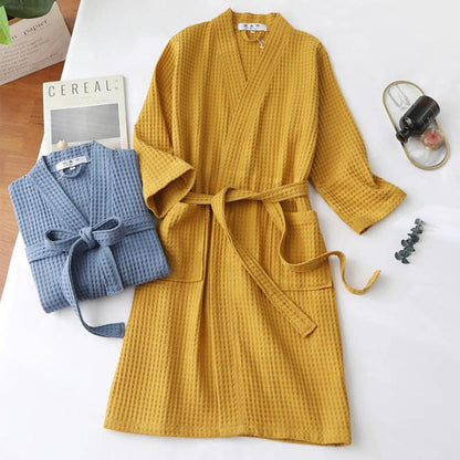 Cotton Waffle Robe with Elegant V-Neck and Adjustable Waist
