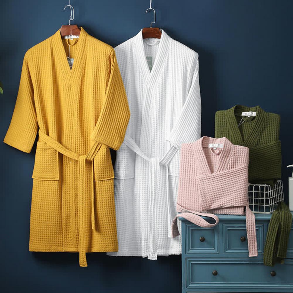 Cotton Waffle Robe with Elegant V-Neck and Adjustable Waist
