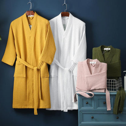Cotton Waffle Robe with Elegant V-Neck and Adjustable Waist