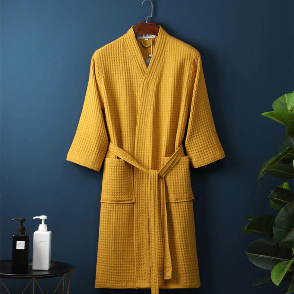 Cotton Waffle Robe with Elegant V-Neck and Adjustable Waist