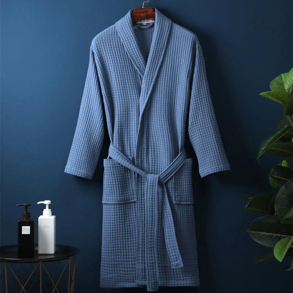Cotton Waffle Robe with Elegant V-Neck and Adjustable Waist