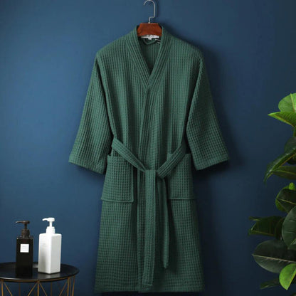 Cotton Waffle Robe with Elegant V-Neck and Adjustable Waist