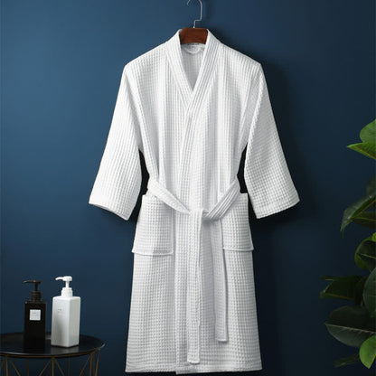 Cotton Waffle Robe with Elegant V-Neck and Adjustable Waist