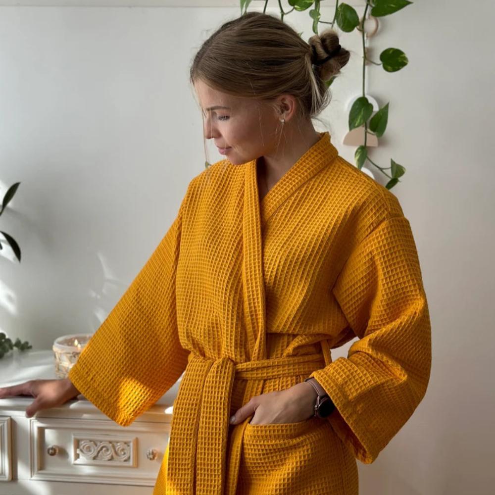 Cotton Waffle Robe with Elegant V-Neck and Adjustable Waist