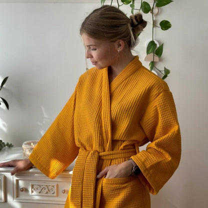 Cotton Waffle Robe with Elegant V-Neck and Adjustable Waist