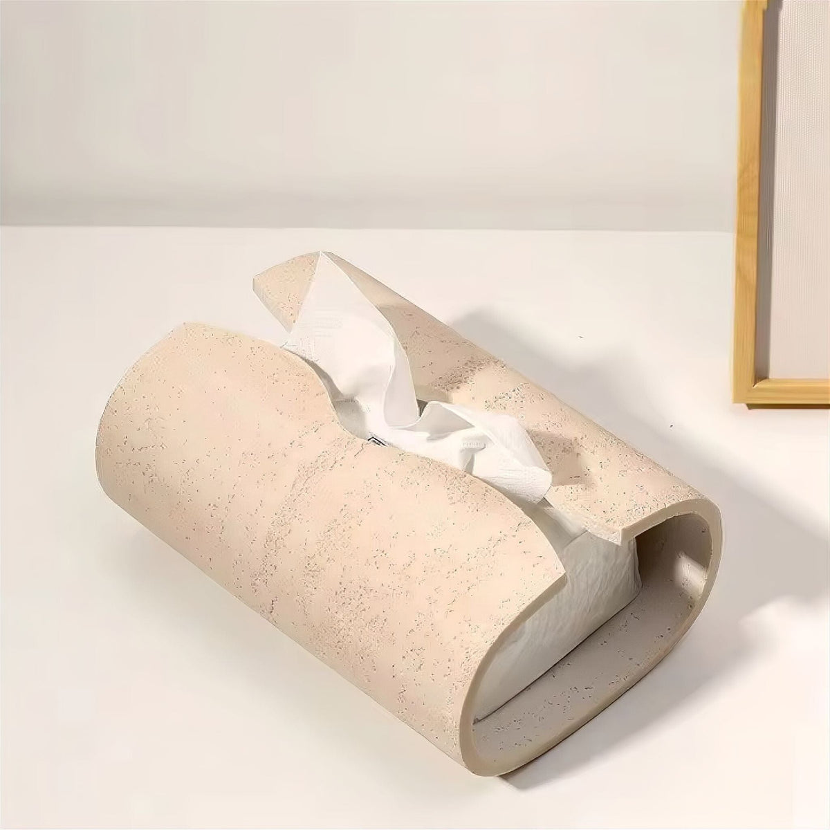 Cylindrical Tissue Holder in Travertine-Look Resin with Organic Stone Texture