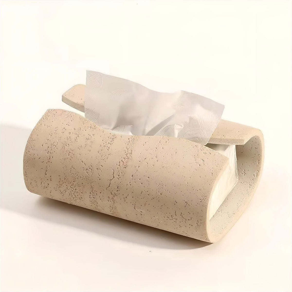 Cylindrical Tissue Holder in Travertine-Look Resin with Organic Stone Texture