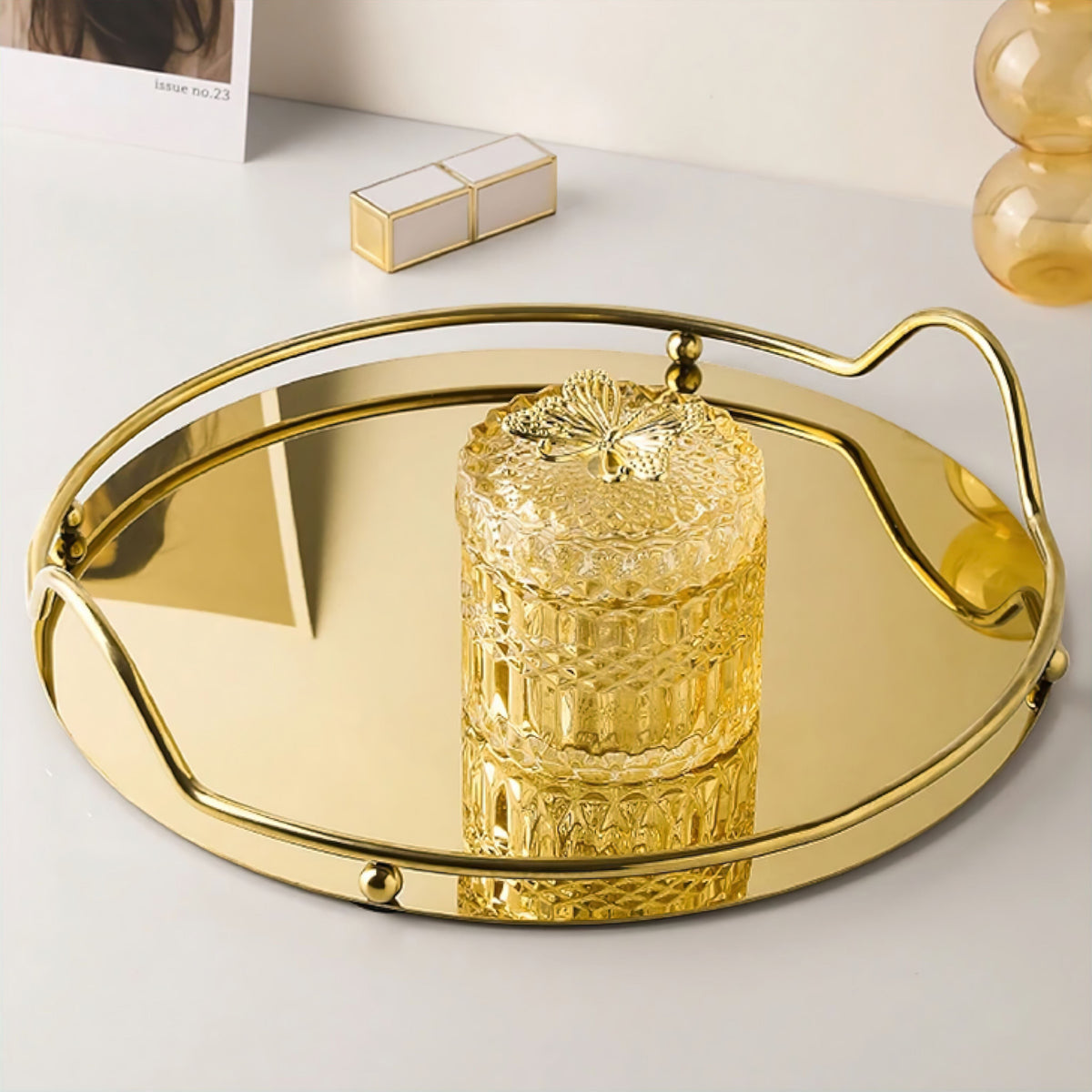 Decorative Mirrored Tray with Metal Frame and Handles for Bathroom