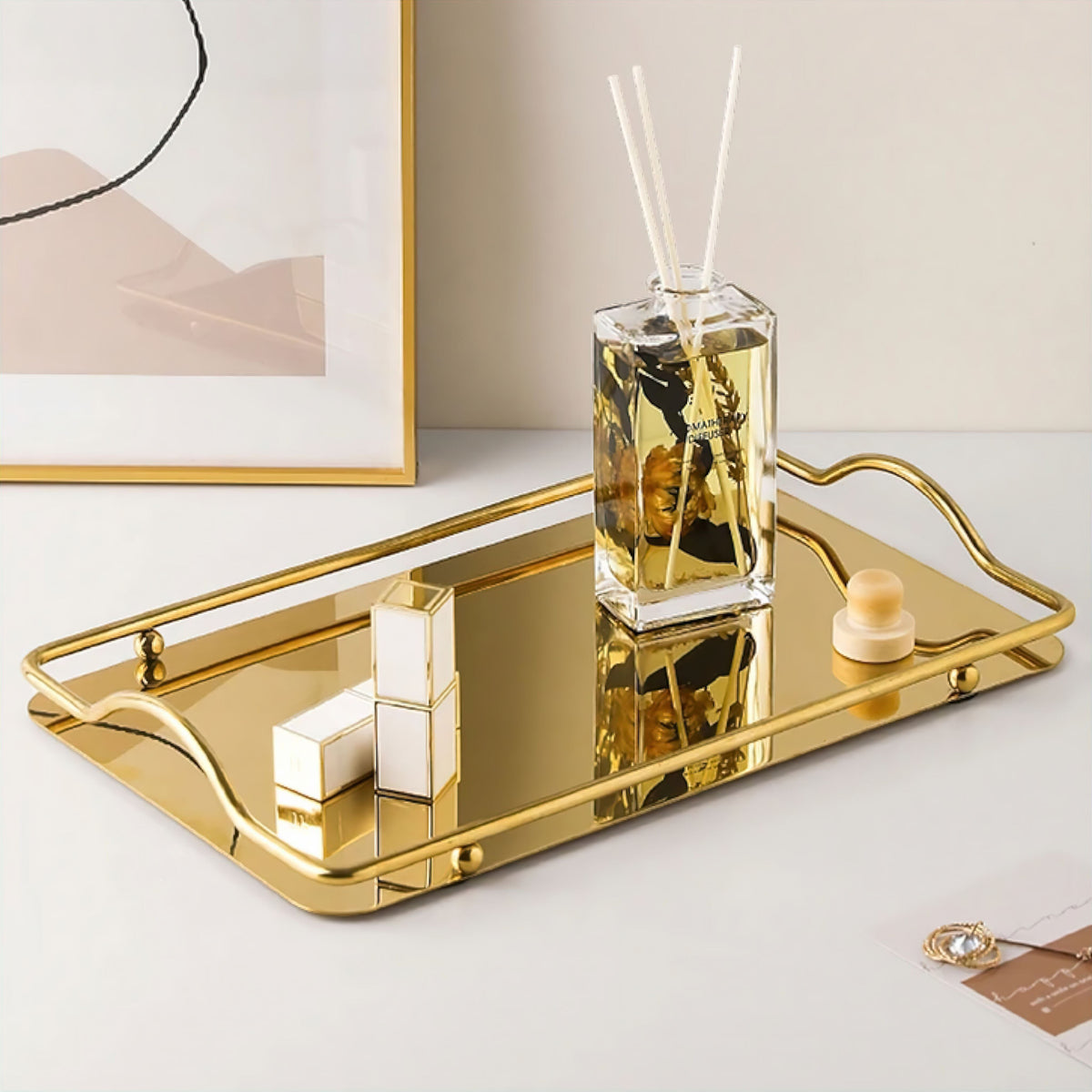 Decorative Mirrored Tray with Metal Frame and Handles for Bathroom