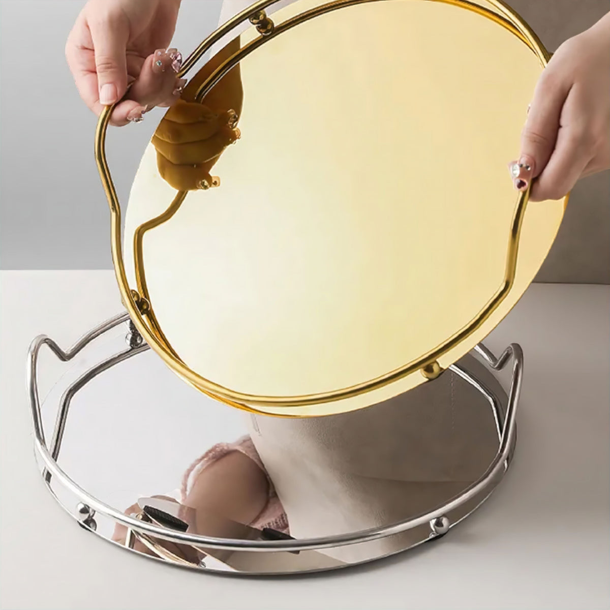 Decorative Mirrored Tray with Metal Frame and Handles for Bathroom