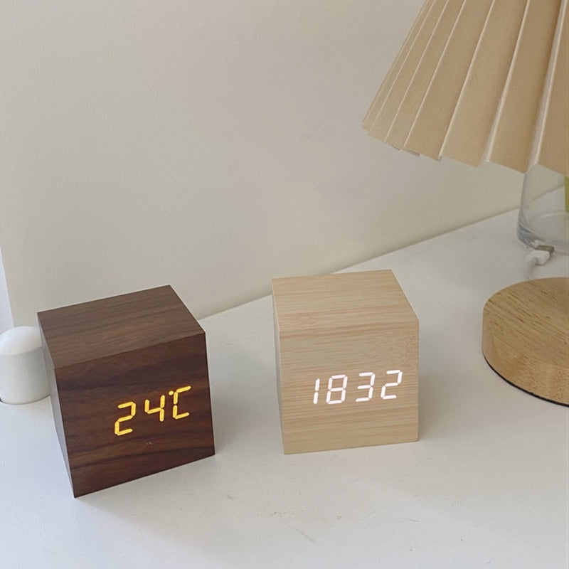 Digital Wooden Desk Clock with Time, Date and Temperature Display
