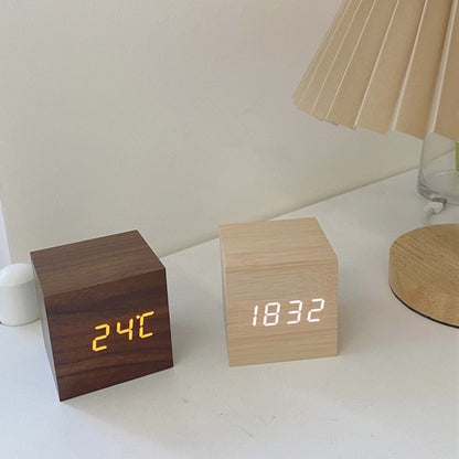 Digital Wooden Desk Clock with Time, Date and Temperature Display