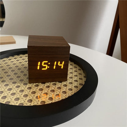 Digital Wooden Desk Clock with Time, Date and Temperature Display