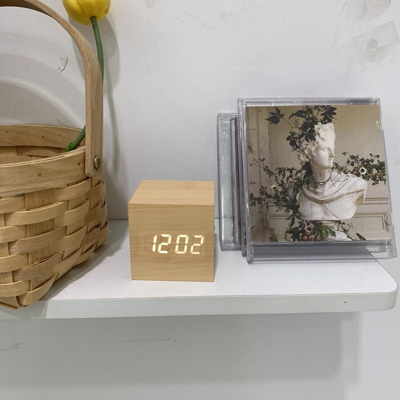 Digital Wooden Desk Clock with Time, Date and Temperature Display