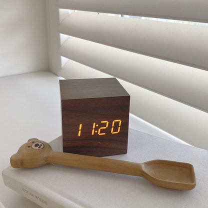 Digital Wooden Desk Clock with Time, Date and Temperature Display