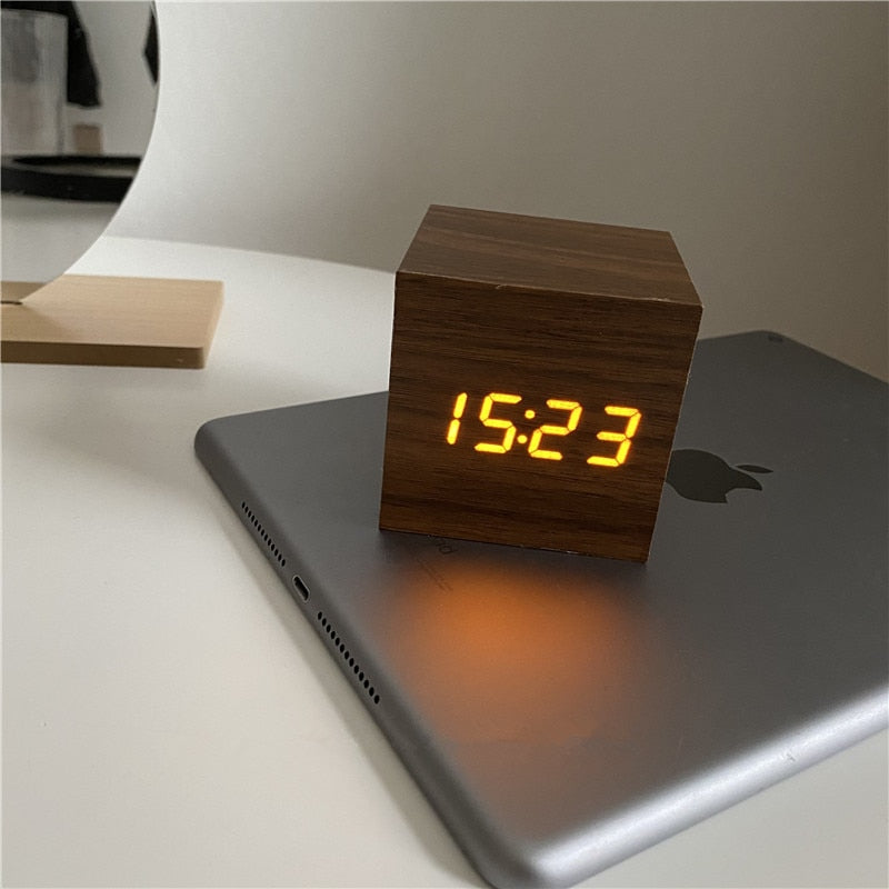 Digital Wooden Desk Clock with Time, Date and Temperature Display