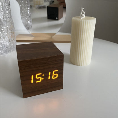 Digital Wooden Desk Clock with Time, Date and Temperature Display