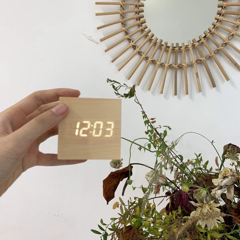 Digital Wooden Desk Clock with Time, Date and Temperature Display