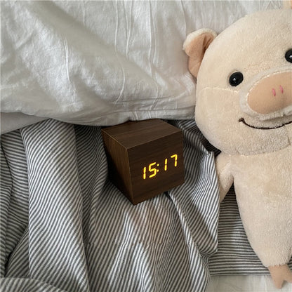 Digital Wooden Desk Clock with Time, Date and Temperature Display