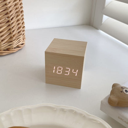 Digital Wooden Desk Clock with Time, Date and Temperature Display