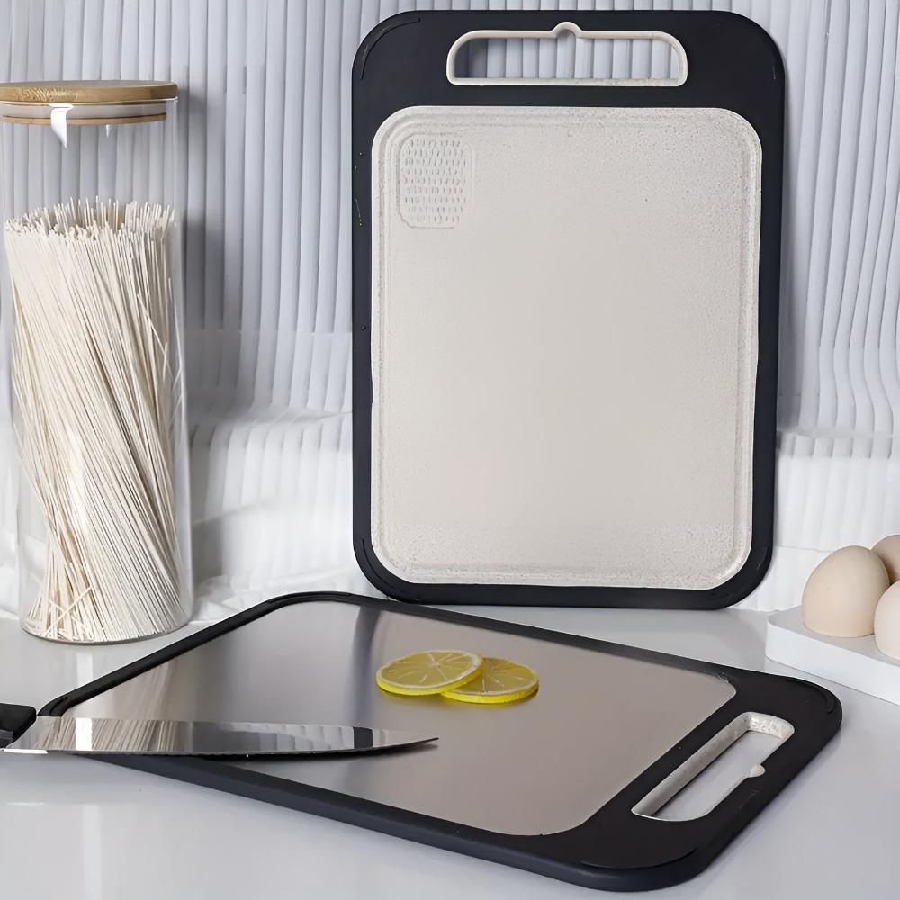 Double-Sided Stainless Steel Cutting Board – 304 Steel and Rice Fibre Composite with Garlic Grater