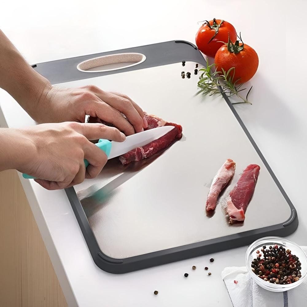 Double-Sided Stainless Steel Cutting Board – 304 Steel and Rice Fibre Composite with Garlic Grater