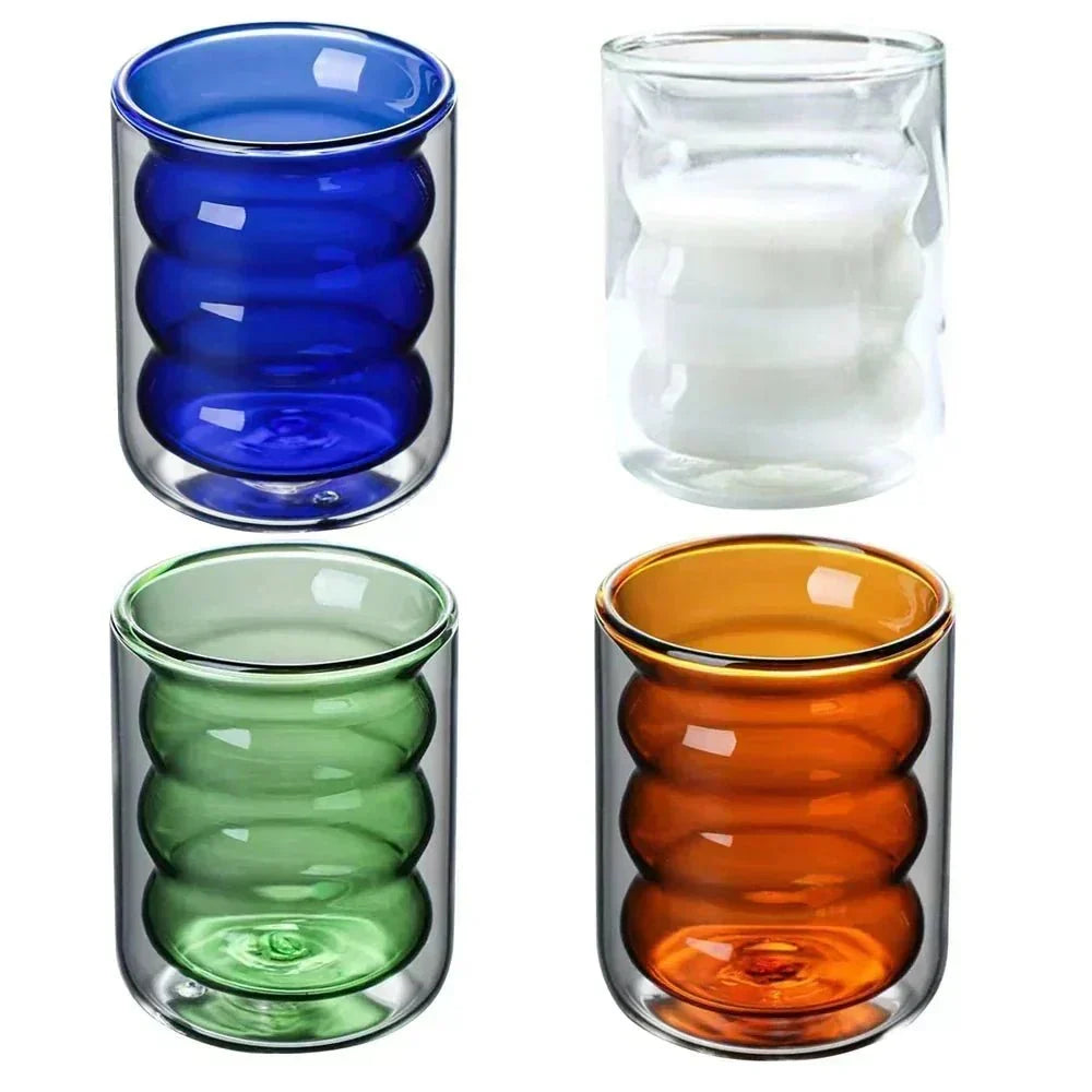 Double-Wall Borosilicate Glass Cup with Wavy Design for Hot and Cold Drinks