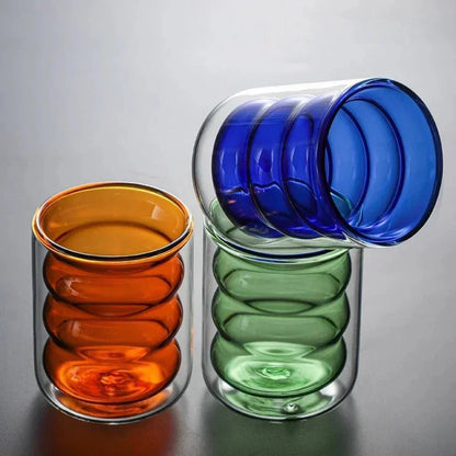 Double-Wall Borosilicate Glass Cup with Wavy Design for Hot and Cold Drinks