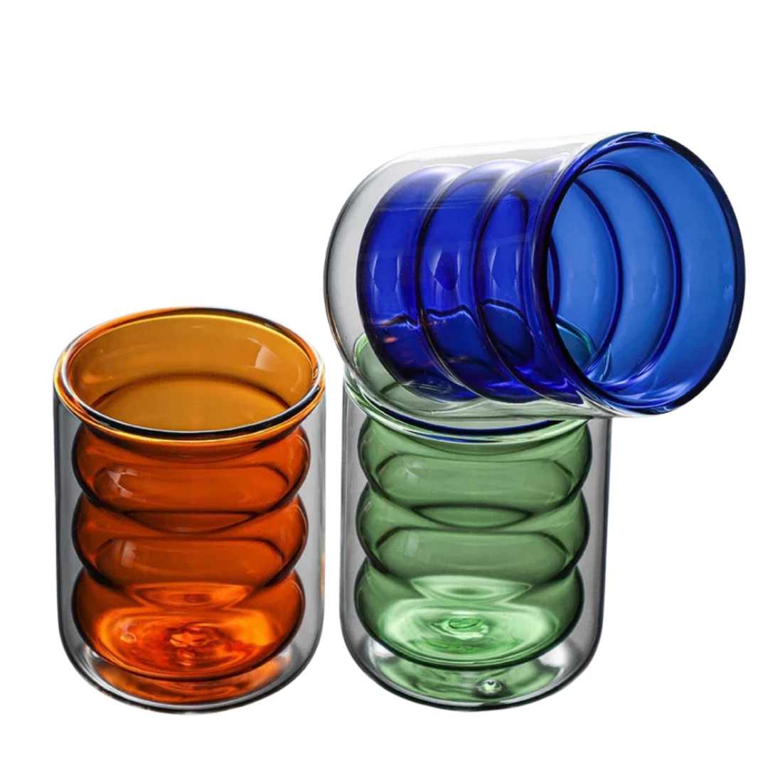 Double-Wall Borosilicate Glass Cup with Wavy Design for Hot and Cold Drinks