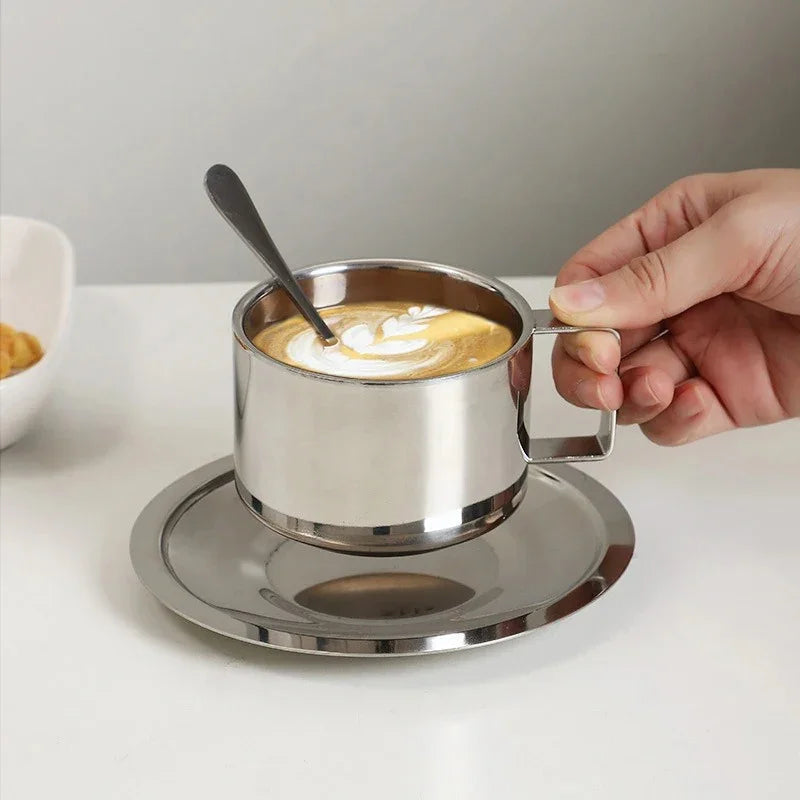 Double-Wall Stainless Steel Coffee Cup Set with Saucer and Spoon