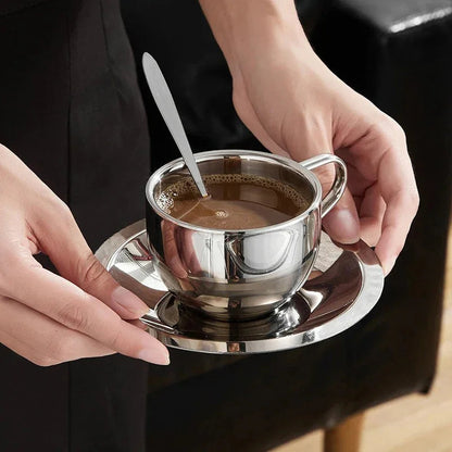 Double-Wall Stainless Steel Coffee Cup Set with Saucer and Spoon